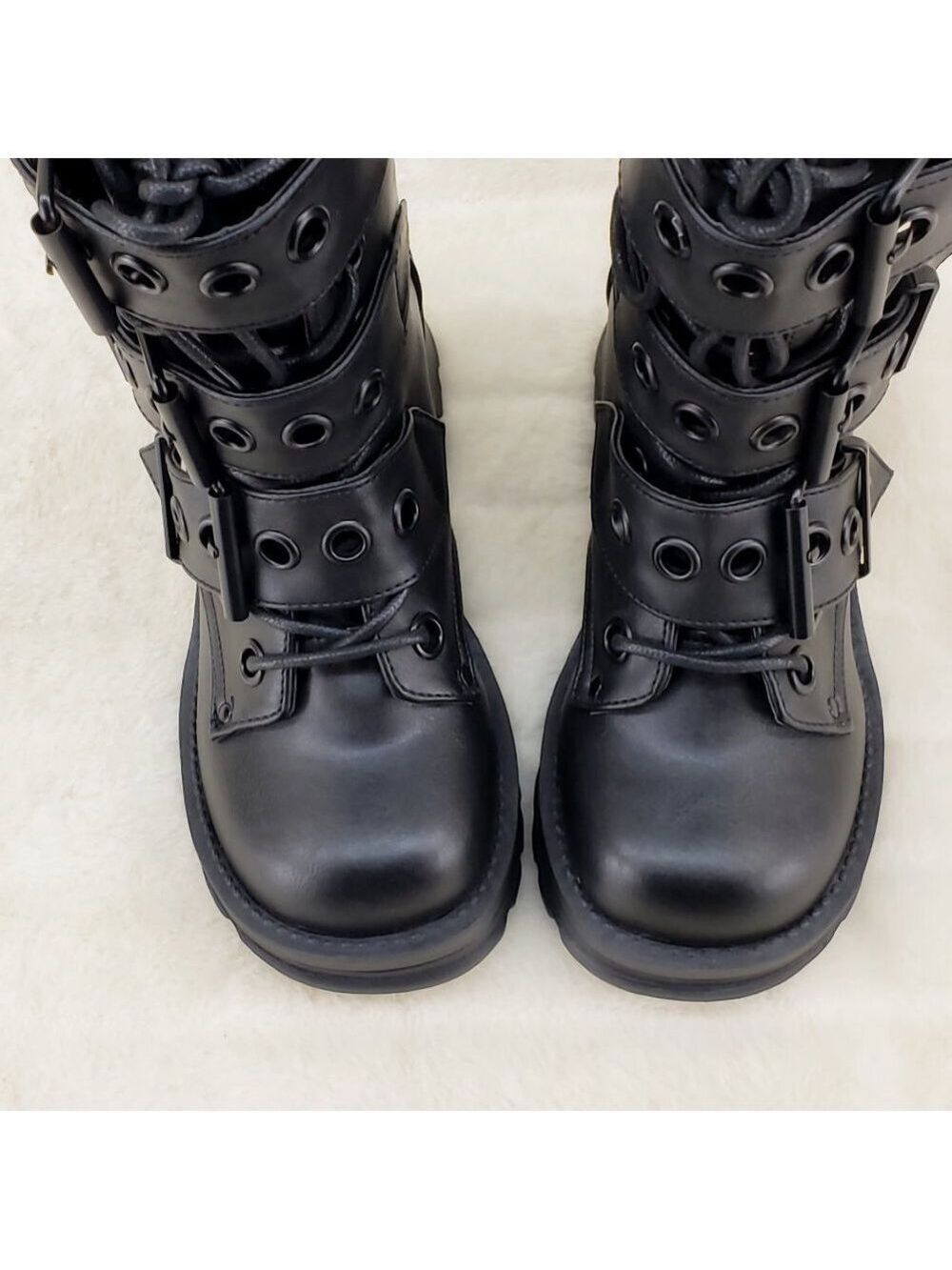 Bratty Goth 3 Big Buckle Strap Block Heel Combat Ankle Boots Punk Rock - Picture 7 of 15
